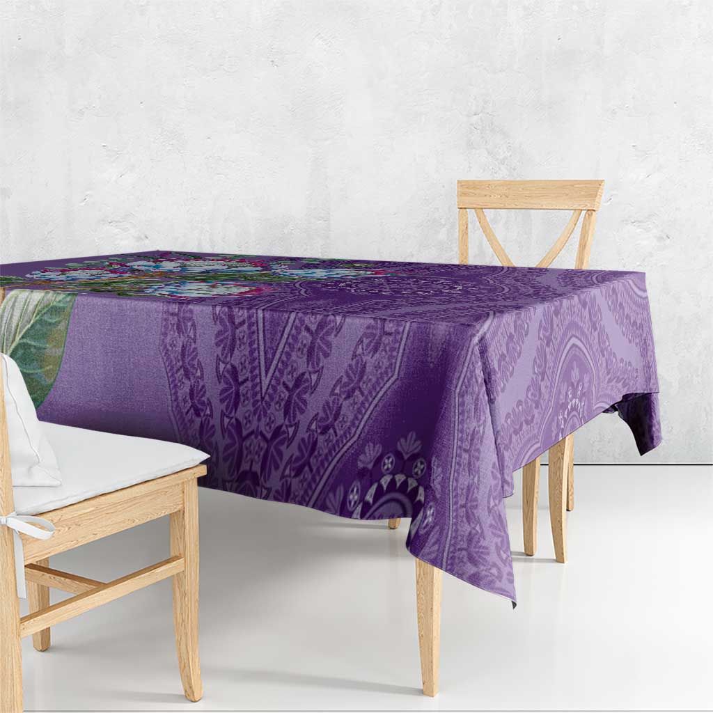 Violet dashiki motif tablecloth corner detail with patterned paisley panel