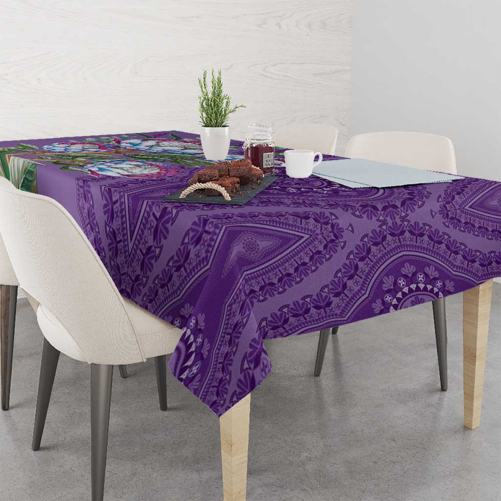 Violet dashiki motif tablecloth with protea motif and repeating geometric paisley pattern