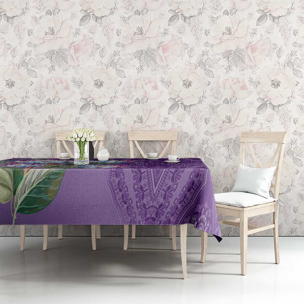 Violet dashiki motif tablecloth with protea flowers and ornate paisley bands