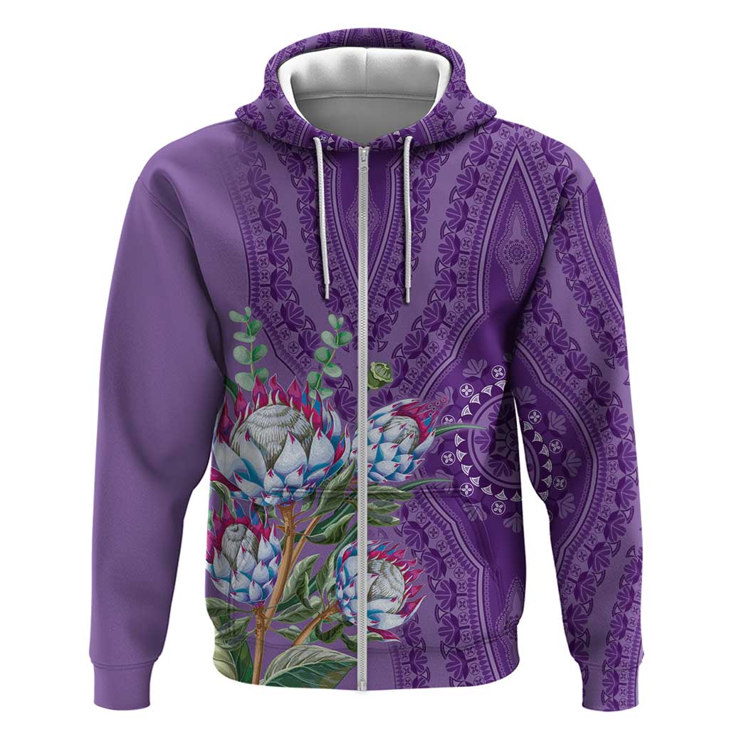 Africa King Proteas Dashiki Motif Zip Hoodie Violet Style - Wonder Print Shop