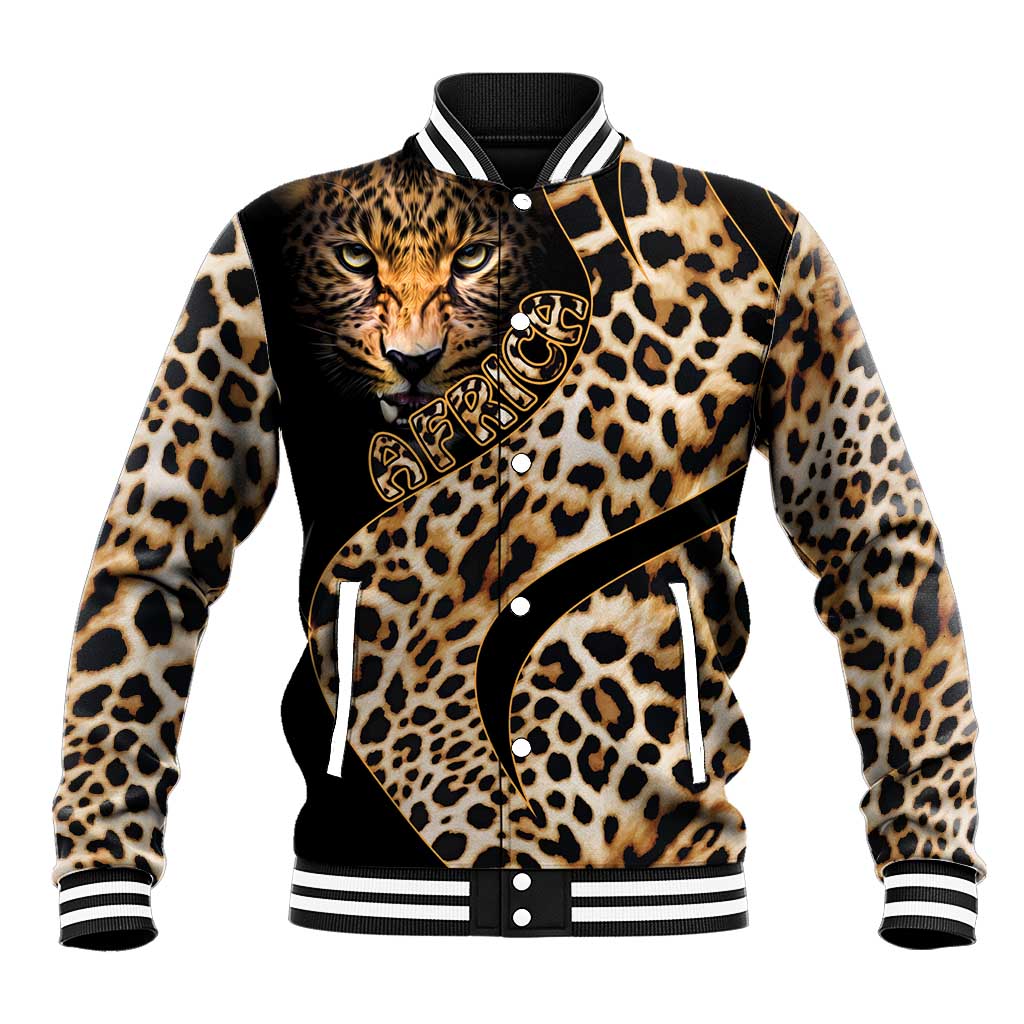 Leopard-print baseball jacket with black button front, striped collar and cuffs, big panther graphic