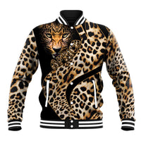 Leopard-print baseball jacket with black button front, striped collar and cuffs, big panther graphic