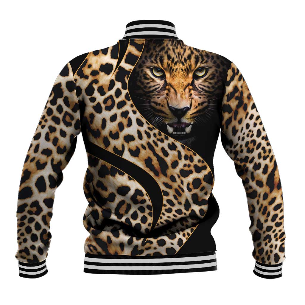 Leopard-print baseball jacket with striped hem, curved black back yoke and panther face graphic