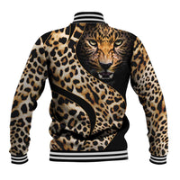 Leopard-print baseball jacket with striped hem, curved black back yoke and panther face graphic