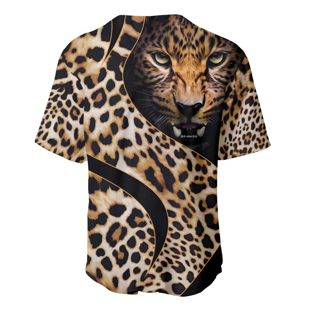 Leopard-print baseball jersey back view with tiger-face graphic and curved trim