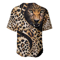 Leopard-print baseball jersey back view with tiger-face graphic and curved trim
