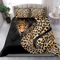 Black duvet cover with leopard-print tiger face and gold script, paired with two matching pillow shams