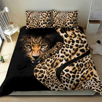 Black duvet with leopard-print tiger face and gold script, coordinated with two matching pillow shams