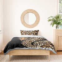 Black duvet cover with leopard-print tiger face and gold script, with two matching leopard-spotted shams