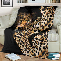 Black and gold leopard-print blanket with resting cat portrait and gold script