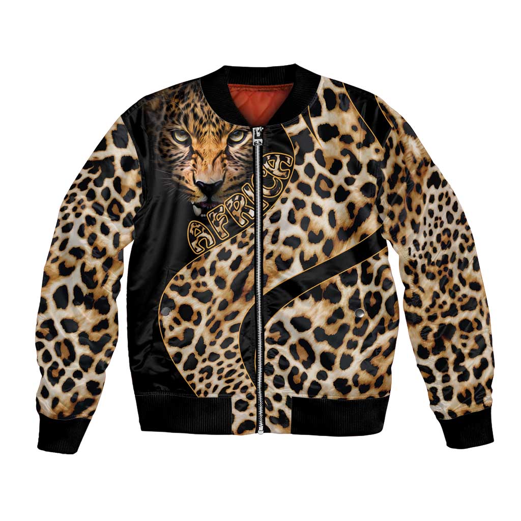 Unisex black bomber jacket with leopard print, front zipper and ribbed cuffs
