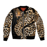 Unisex black bomber jacket with leopard print, front zipper and ribbed cuffs