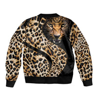 Unisex black bomber jacket with leopard print back panel, ribbed cuffs and hem