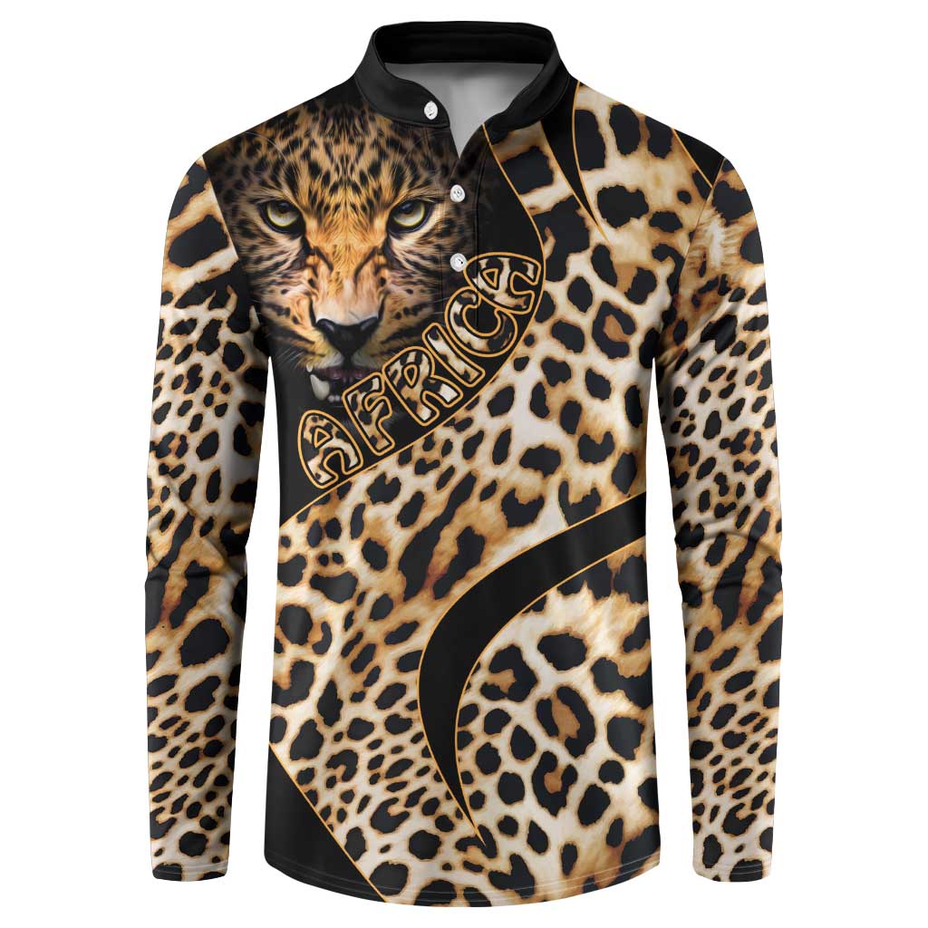 Leopard-print button sweatshirt with black collar and front animal face graphic