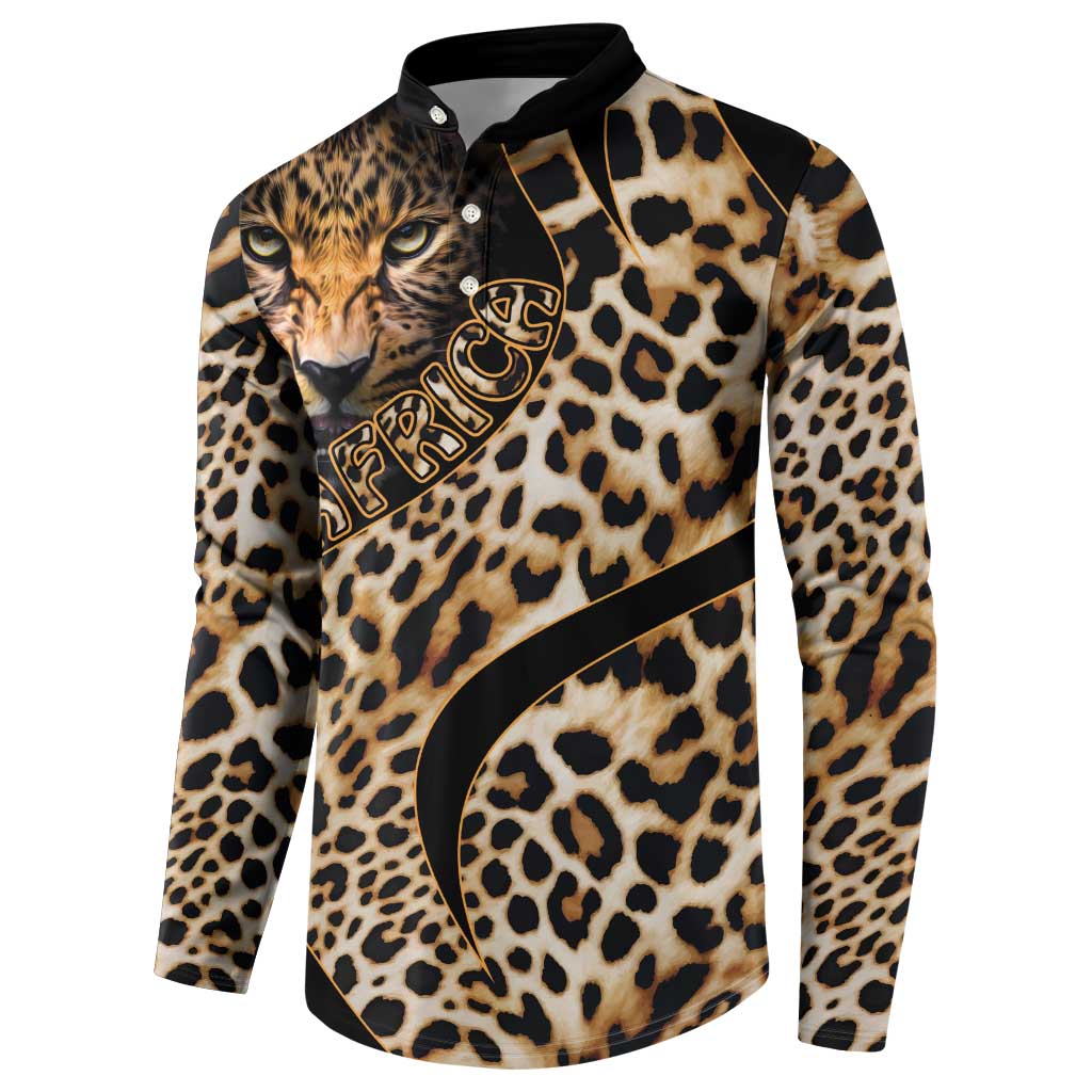 Leopard-print button sweatshirt with arched logo text and black side stripe
