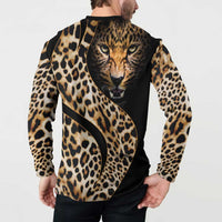 Leopard-print button sweatshirt with large back cat face and black panel