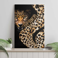 Leopard face and leopard-skin pattern canvas wall art with curved black accents