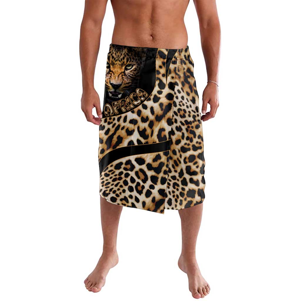 Leopard-print lavalava wrap skirt with black waistband and panel hem