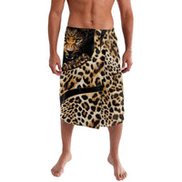 Leopard-print lavalava wrap skirt with black waistband and panel hem
