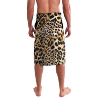 Leopard-print lavalava wrap skirt, black waistband, full leopard pattern back
