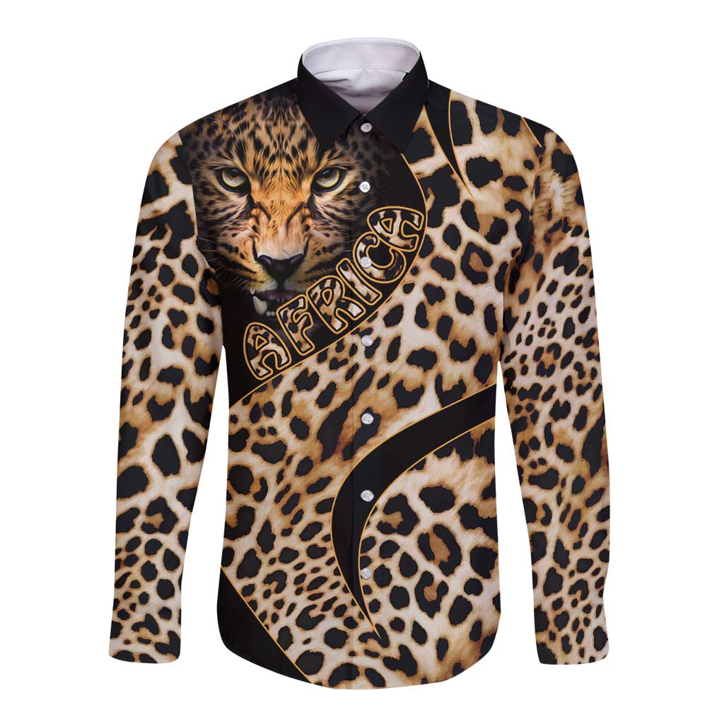 Leopard-print long-sleeve button shirt with lion face graphic, black and tan