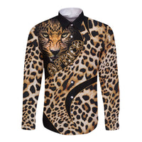 Leopard-print long-sleeve button shirt with lion face graphic, black and tan