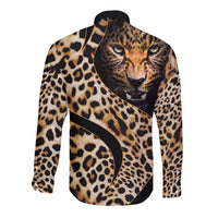 Leopard-print long-sleeve button shirt, black and tan, lion face graphic on back