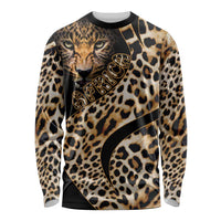 Long-sleeve shirt with leopard print graphic, black and tan, crew neck.