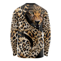Long-sleeve shirt with large leopard face and abstract black accents, crew neck.