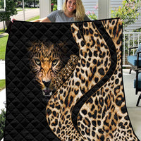 Black leopard print quilt with tan tiger face and brown spots, large hooded pattern section