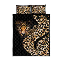 Leopard-print quilt bed set with black diamond quilting and matching pillow covers