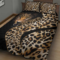 Leopard-print quilt bed set with black backing and close-up animal face graphic pattern