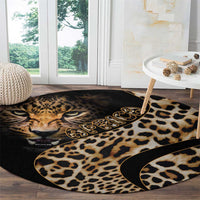Round leopard-print carpet with cat face, tan spots, and gold-toned decorative lettering on black.