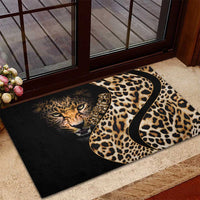 Black rubber doormat with leopard print border and tiger face graphic