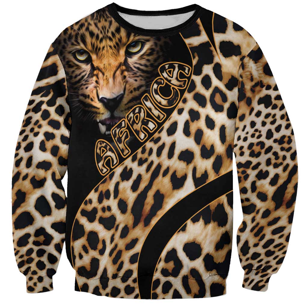 Unisex sweatshirt with leopard-print front, black crewneck, long sleeves, graphic accents