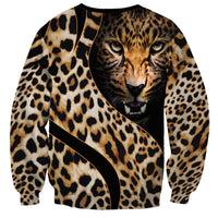 Unisex sweatshirt with large lion face panel, leopard print, black crewneck, long sleeves
