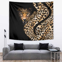 Black tapestry with leopard face and tan spot pattern on the right
