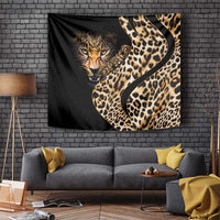Black leopard skin tapestry with large tan spots and face design