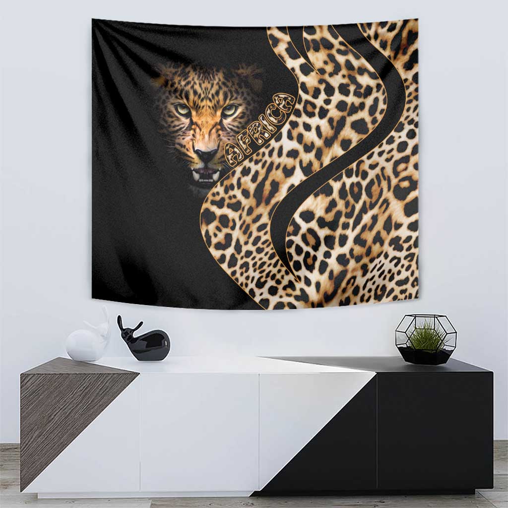 Black leopard tapestry with face on left and large tan spot wave pattern