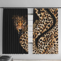 Leopard-print window curtains with black solid panels and large cheetah graphic accents