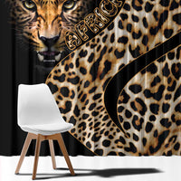 Leopard-print window curtain with black backdrop and close-up cheetah face graphic