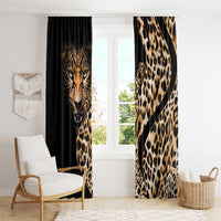 Leopard-print window curtain set with black drape and large cheetah face artwork