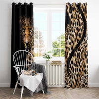 Leopard-print window curtain with black top rings and wide cheetah spot pattern