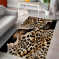 Leopard print area rug with black and tan spots, featuring a partial leopard face