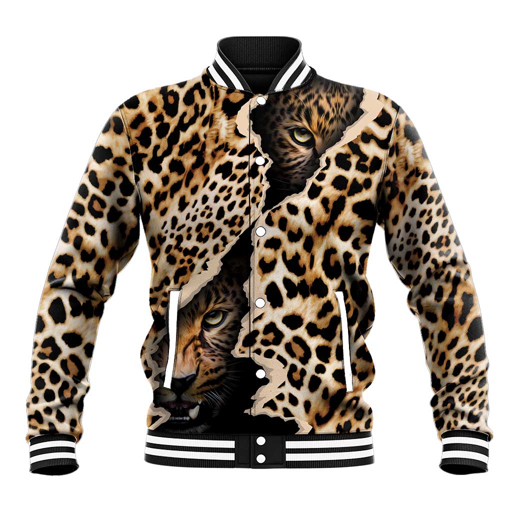 Unisex baseball jacket with leopard print, black button front, striped ribbed collar/cuffs