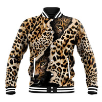 Unisex baseball jacket with leopard print, black button front, striped ribbed collar/cuffs