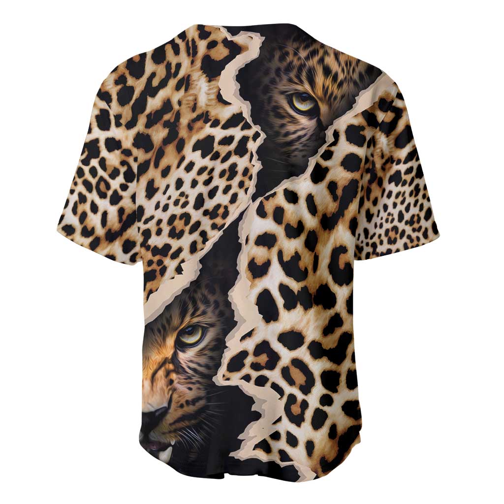Short-sleeve leopard-print baseball jersey with cat face graphic and black buttons