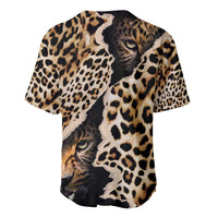 Short-sleeve leopard-print baseball jersey with cat face graphic and black buttons