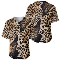 Two leopard-print baseball jerseys with cat face graphics and black button plackets