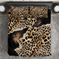Black leopard-print bedding set top view with cat faces on duvet and pillowcases
